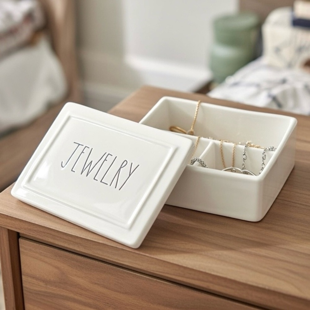Rae Dunn Jewelry Ceramic Trinket Box with Lid Divided Organizer White